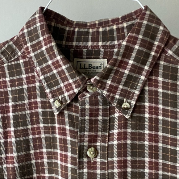 LL Bean cotton Shirt Size Medium Long ML brown plaid burgundy red Button Down - Picture 4 of 16